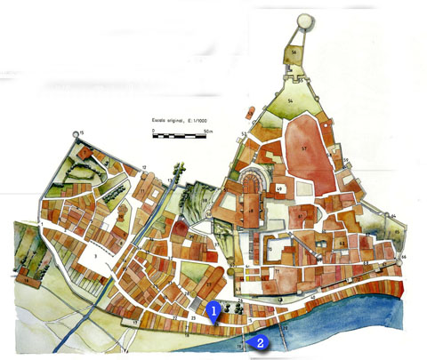 El sector nord-est de la ciutat el 1535. S'hi indica: 1) el carrer dels Perolers. 2) el pont dels Perolers