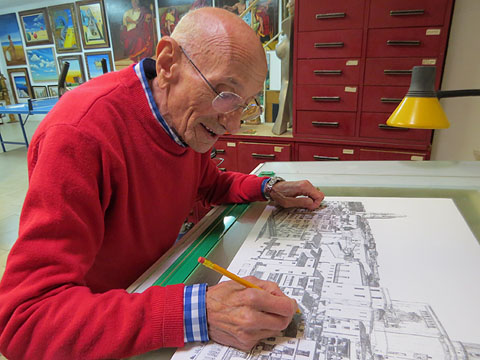 Pere Matas dibuixant al seu estudi del barri de Santa Eugènia de Ter