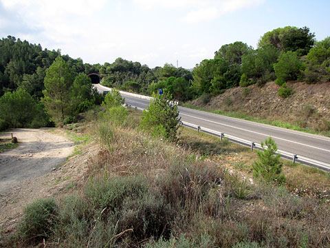 La variant de l'N-II, travessant les Gavarres, des del peu de l'escultura