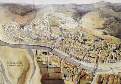 La ciutat de Girona a principis del segle XIV. Dibuix de Jordi Sagrera