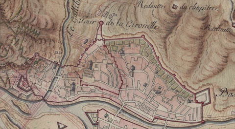 La Torre Gironella. Detall d'un plànol de Girona del 1711, dibuix d'A. Bertau