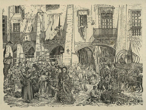 Mercat a la plaça de les Cols, a la part baixa de l'actual Rambla de la Llibertat. 1870-1872