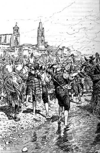 Arribada a Girona del comboi de socors que entrà a la ciutat l'1 de setembre de 1809, durant la Guerra del Francès. Gravat de 1883