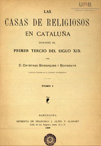 Portada de Las casas de religiosos en Cataluña... de Cayetano Barraquer y Roviralta, 1906