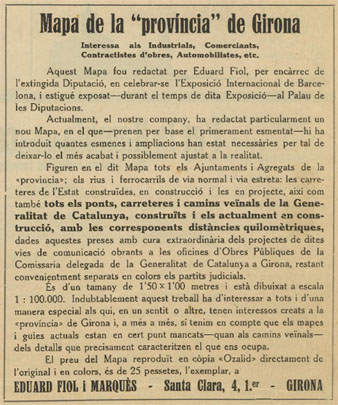 Anunci d'un Mapa de la Província de Girona, dissenyat per Eduard Fiol