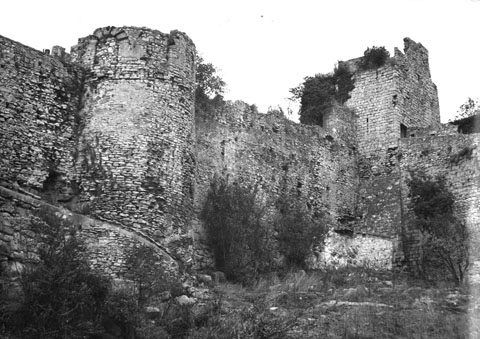 Muralla de Sant Dom&egrave;nec amb la torre de les &Agrave;ligues al centre. A la dreta la torre del Tel&egrave;graf. 1974