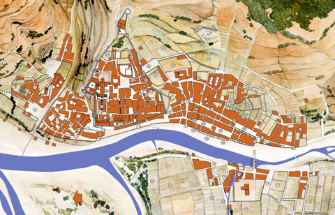Girona al segle XIII (1190-1285). Amb el número 60 s'assenyala la plaça de les Albergueries, l'actual plaça del Vi