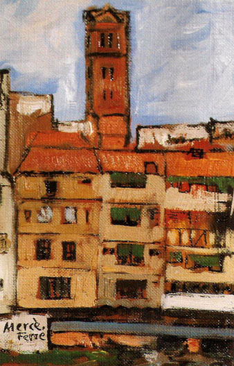 La Torre de les Aig&uuml;es vista des de la Rambla de la Llibertat. Pintura de Merc&egrave; Ferr&eacute;