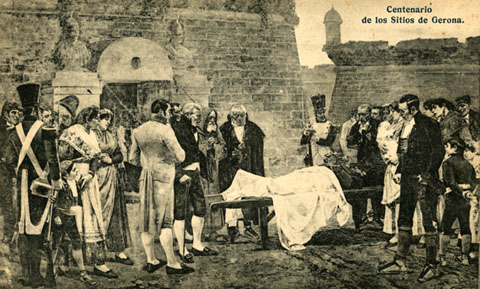 Reproducci&oacute; de la pintura 'El poble de Figueras davant del cad&agrave;ver d'&Aacute;lvarez', obra de Vicente Nicolau Cotanda. 1909