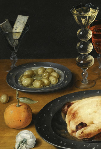 Natura morta amb un pollastre rostit, un pernil i olives. Osias Beert (1580 ca-1623). Oli sobre taula