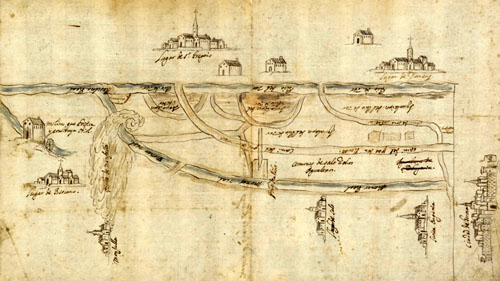 Mapa manuscrit dels aiguadeixos del Ter entre Bescanó, Sant Gregori i Girona. 1750