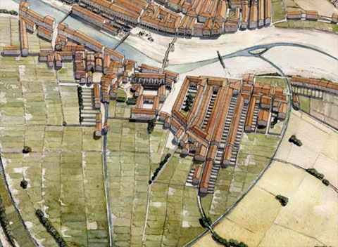 Recreació a vol docell del Mercadal vers 1360 vista des de ponent. El barri havia assolit la màxima extensió construïda, malgrat que ja havien començat els temps de recessió