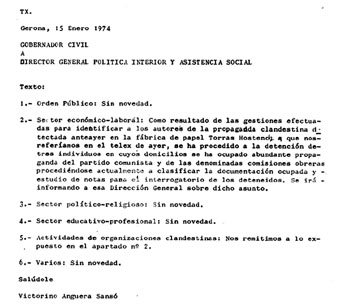 Telex del governador civil Victorino Anguera, que reporta les detencions