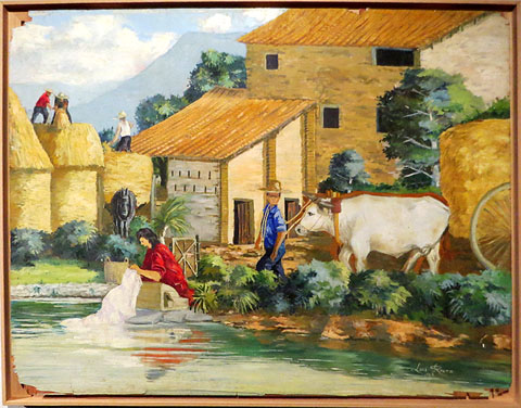 Garbes a la Casota, 1963. Traginant garbes des del camp de l'era amb la carreta, mentre la meva germana fa bugada a la bassa. 89 x 116