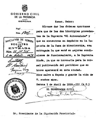 Ordre del governador Correa pel lliurament de la millor linotipia de 'L'Autonomista' a la impremta Ginés per editar 'El Pirineo'. Primer d'abril de 1939