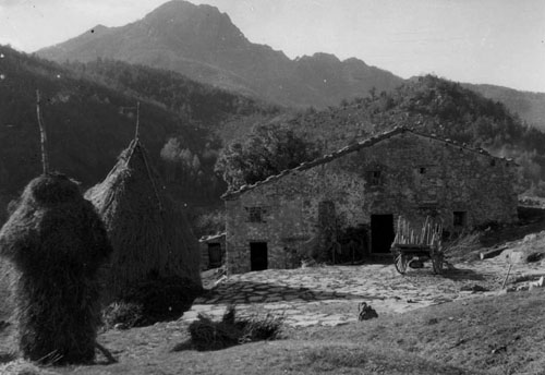 Fa&ccedil;ana de Can Coll de T&eacute; amb un carro i pallers, al fons Les Agudes. 1934