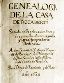 Portada del manuscrit genealògic escrit l’any 1628 per Diego de Rocabertí