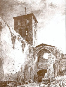 Monestir de Santa Maria de Ripoll despré:s de l'atac i incendi durant les Bullangues de 1835