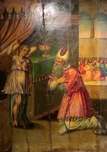 Pintura del retaule major del monestir. Aparició de l'Àngel a Zacaries. Probablement vinculada al taller del pintor Antoni Peitaví. Tremp sobre fusta. Segle XVI