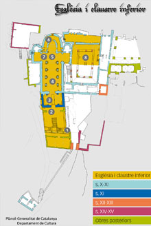 Plànol de Sant Pere de Rodes. Nivell 1. Església i claustre inferior