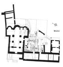 Planta general del monestir, amb la necròpoli i els vestigis de labsis preromànic de lesglésia primitiva