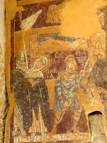 Crucifixió. Soldat i la Mare de Déu. Nau-Epístola. Pintures murals de Sant Tomàs de Fluvià