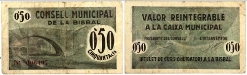 Bitllet de cinquanta c&egrave;ntims em&egrave;s pel  Consell Municipal de la Bisbal. 1937
