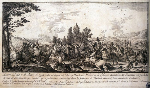 Accion del dia 7 de junio de 1794 entre el lugar de Llers y Puente de Molins en la q.e fueron derrotados los Franceses con pérdida de mas de 600 muertos 900 heridos y 14 prisioneros contandose entre los primeros el Teniente General bien reputado Labarre. Segle XVIII
