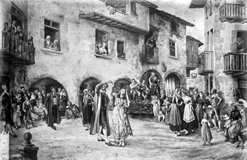 Reproducci&oacute; del gravat Lo Contrap&agrave;s, obra de Josep Subietas i Lleopart de 1886 on s'hi representa el Ball dels Pabordes a la pla&ccedil;a de Santa Pau. 1926