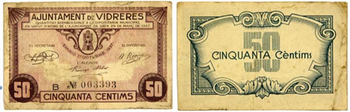 Bitllets emesos en virtut d'acord de l'Ajuntament de Vidreres de data 29 de març de 1937